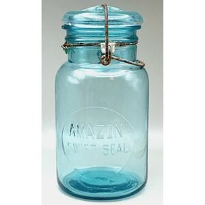 Aqua AMAZON SWIFT SEAL c 1920 Bail Top Orig Glass Lid Jar 7.5" Antique Vintage
